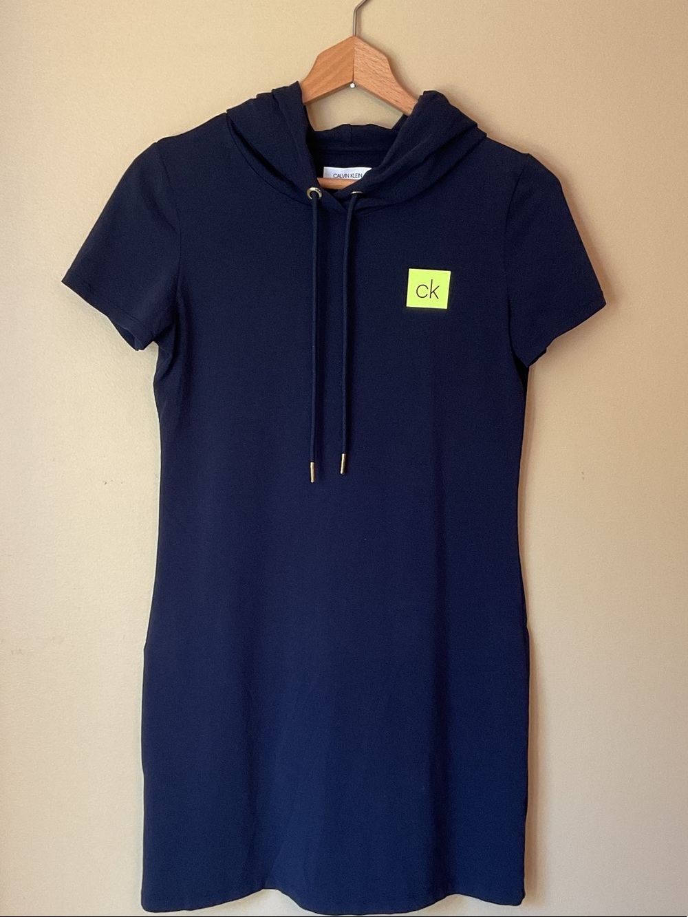 Calvin Klein Navy Short-Sleeve Hoodie Dress with Neon Logo size S
